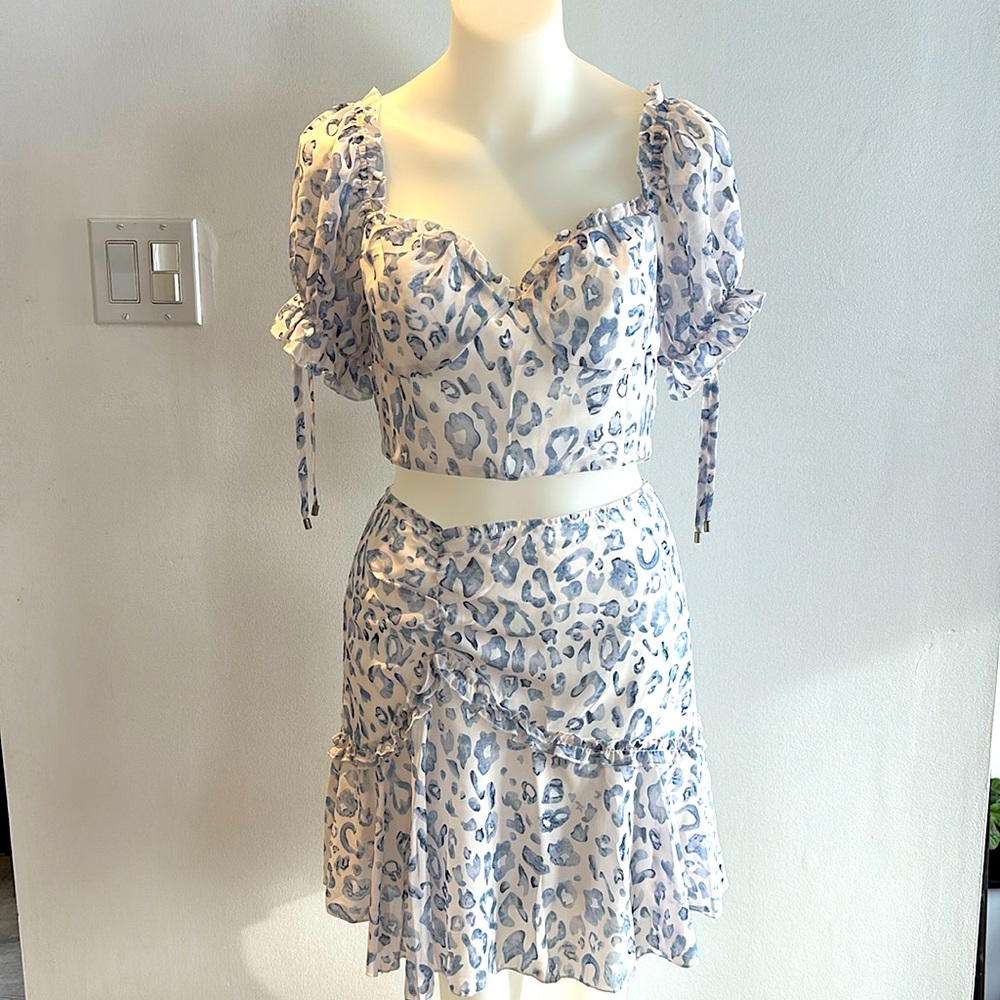 Blue & White Leopard Print Fit and Flare Skirt Set